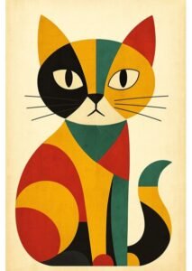 A mid-century modern art print of a stylized calico cat in a geometric, cubist style, featuring bold blocks of black, mustard yellow, teal, and red on a cream background.